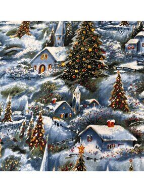 Christmas Village Cotton Fabric 21x24" Winter Scene Snow Church Trees
